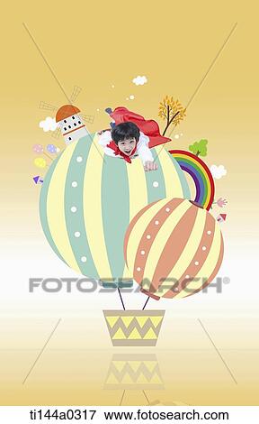 a boy lying on an illustrated hot air balloon View Large Photo Image Stock Photo - a boy lying on an illustrated hot air balloon. Fotosearch