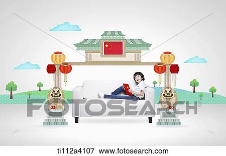 Stock Photo - a boy on a couch next to a Chinese building. Fotosearch