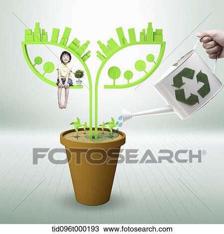 Stock Image - a boy sitting in a sprout in the vase . Fotosearch