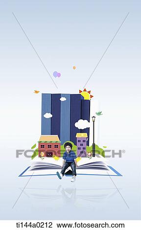 a boy sitting on a pile of illustrated books View Large Photo Image Stock Image - a boy sitting on a pile of illustrated books. Fotosearch