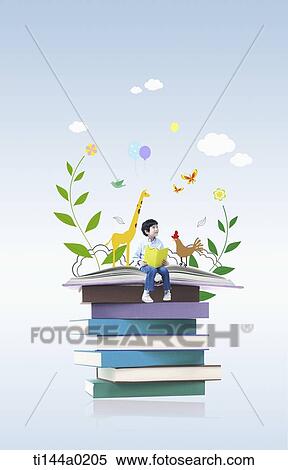 Stock Photography - a boy sitting on a pile of illustrated books. Fotosearch