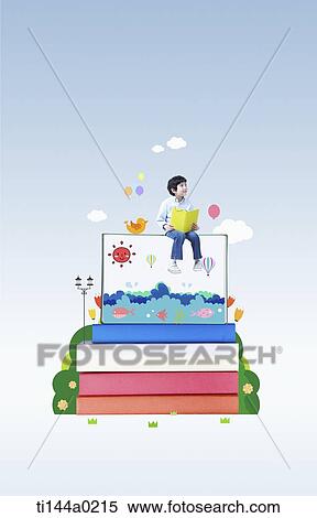 Stock Photography - a boy sitting on a pile of illustrated books. Fotosearch