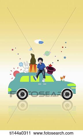 a boy sitting on an illustrated car View Large Photo Image Stock Image - a boy sitting on an illustrated car. Fotosearch