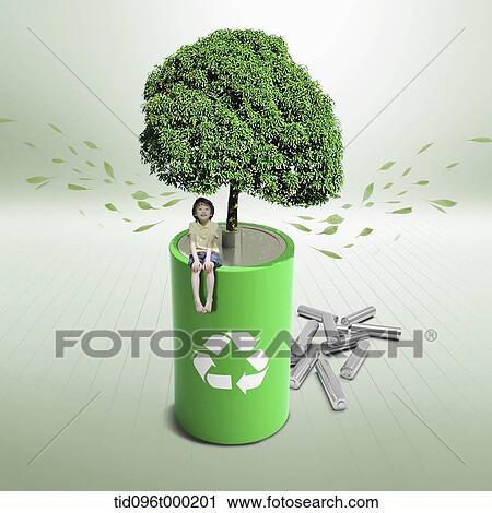 a boy sitting on green battery with a tree View Large Photo Image Stock Image - a boy sitting on green battery with a tree. Fotosearch