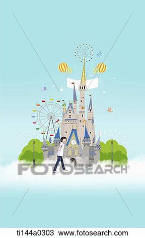 Stock Image - a boy standing in front of an illustrated castle. Fotosearch