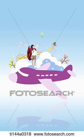 Stock Photo - a boy standing on an illustrated plane. Fotosearch