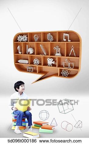 Stock Photograph - a boy with icons in the speech bubble . Fotosearch