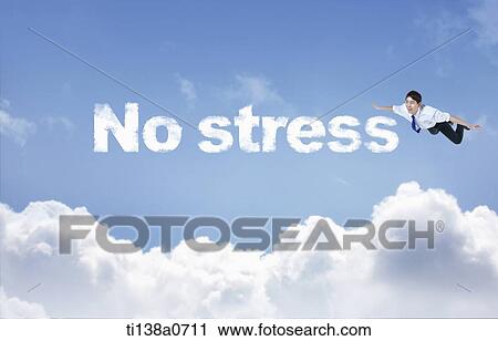 Stock Image - a business man flying next to the word no stress. Fotosearch