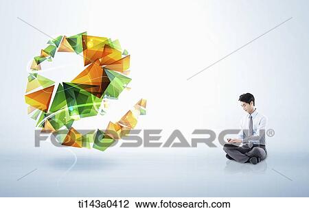 Stock Image - a business man next to an illustrated letter e. Fotosearch