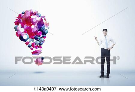 a business man next to an illustrated light bulb View Large Photo Image Stock Photo - a business man next to an illustrated light bulb. Fotosearch