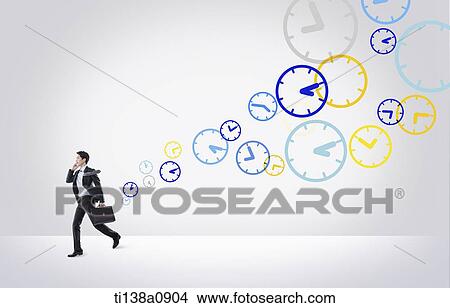 a business man running from illustrated clocks View Large Photo Image Picture - a business man running from illustrated clocks. Fotosearch