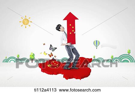 Stock Image - a business man standing on the country of china with an arrow. Fotosearch