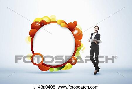 a business woman next to an illustrated circle View Large Photo Image Stock Photo - a business woman next to an illustrated circle. Fotosearch