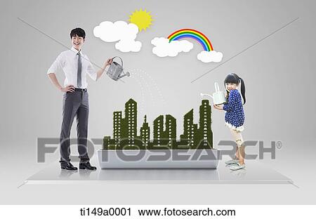 a businessman and kid watering a city View Large Photo Image Stock Image - a businessman and kid watering a city. Fotosearch