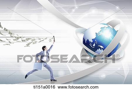 a businessman running towards a globe gathering money View Large Photo Image Stock Photograph - a businessman running towards a globe gathering money. Fotosearch
