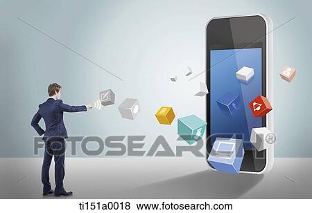 Stock Photo - a businessman using Wi-Fi to icons. Fotosearch