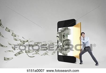 a businessman with a money flying mobile device View Large Photo Image Stock Photo - a businessman with a money flying mobile device . Fotosearch