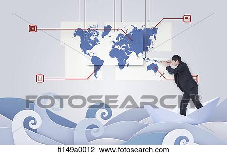 Stock Image - a businessman with a world map. Fotosearch