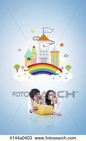 a couple reading a book together with illustrated school background View Large Photo Image Stock Image - a couple reading a book together with illustrated school background. Fotosearch