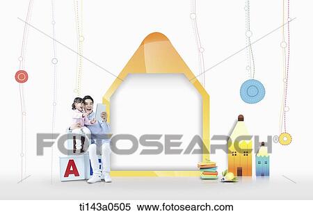 a father and a daughter next to illustrated houses View Large Photo Image Stock Photography - a father and a daughter next to illustrated houses. Fotosearch