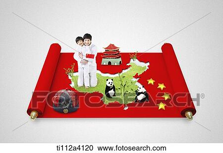 Stock Image - a father and a son on an illustrated map of china. Fotosearch