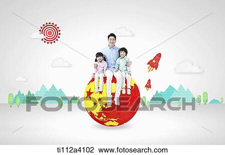 a father and kids sitting on a red globe View Large Photo Image Stock Image - a father and kids sitting on a red globe. Fotosearch