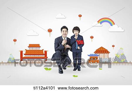 Stock Image - a father and son dressed in suits next to Chinese buildings. Fotosearch