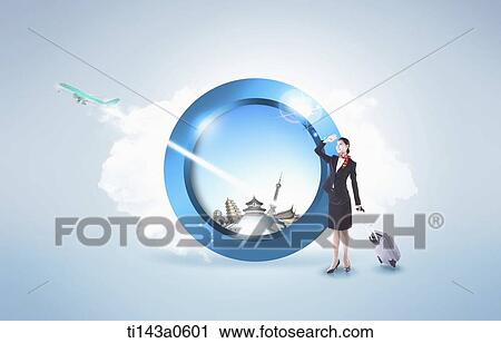 Stock Image - a flight attendant next to a picture from the sky. Fotosearch