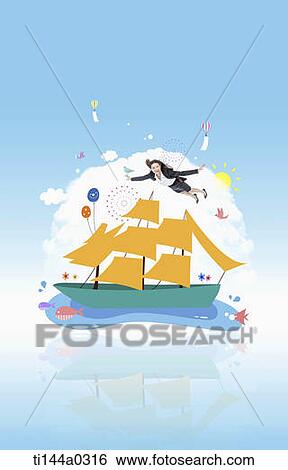 Stock Photograph - a girl flying over an illustrated ship. Fotosearch