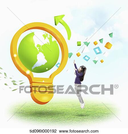Stock Image - a girl jumping next to a globe . Fotosearch