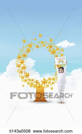 Stock Photo - a girl next to an illustrated tree. Fotosearch