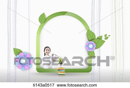 Stock Photo - a girl sitting in a illustrated frame. Fotosearch