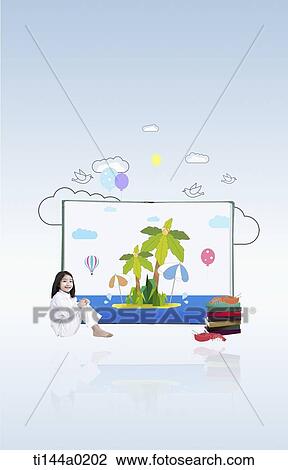 Stock Image - a girl sitting next to an illustrated picture of an island. Fotosearch
