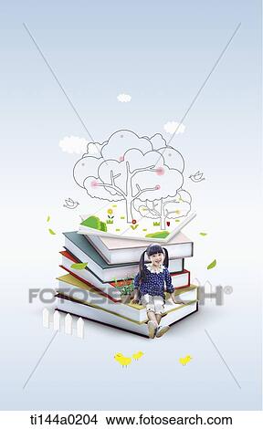 a girl sitting on a pile of illustrated books View Large Photo Image Picture - a girl sitting on a pile of illustrated books. Fotosearch