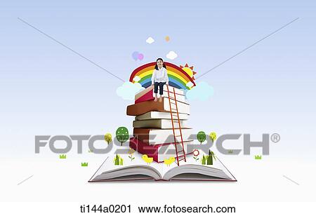a girl sitting on a pile of illustrated books View Large Photo Image Stock Image - a girl sitting on a pile of illustrated books. Fotosearch