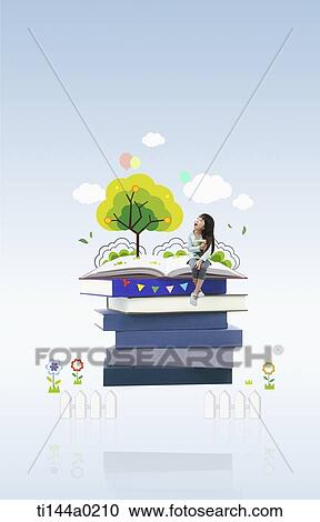 Stock Image - a girl sitting on a pile of illustrated books. Fotosearch