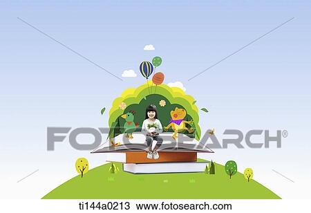Stock Image - a girl sitting on a pile of illustrated books. Fotosearch