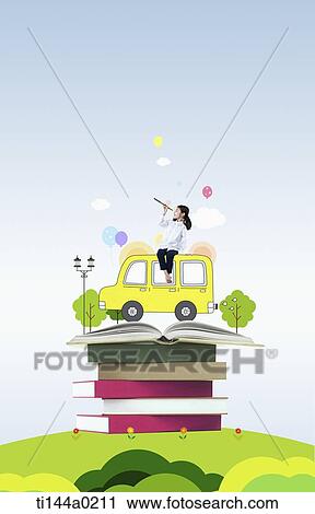 a girl sitting on an illustrated bus View Large Photo Image Stock Image - a girl sitting on an illustrated bus. Fotosearch