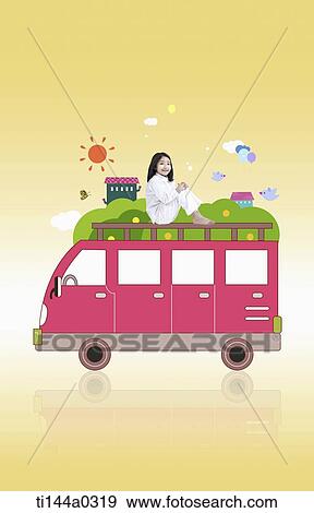a girl sitting on an illustrated bus View Large Photo Image Stock Photo - a girl sitting on an illustrated bus. Fotosearch