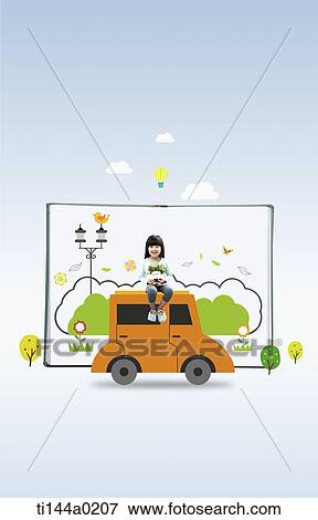 a girl sitting on an illustrated car View Large Photo Image Stock Photo - a girl sitting on an illustrated car. Fotosearch