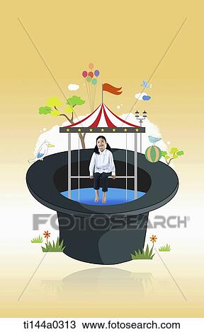 a girl sitting on an illustrated top hat View Large Photo Image Stock Image - a girl sitting on an illustrated top hat. Fotosearch