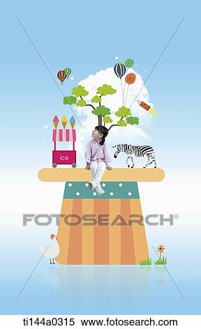 Stock Photography - a girl sitting on an illustrated top hat. Fotosearch