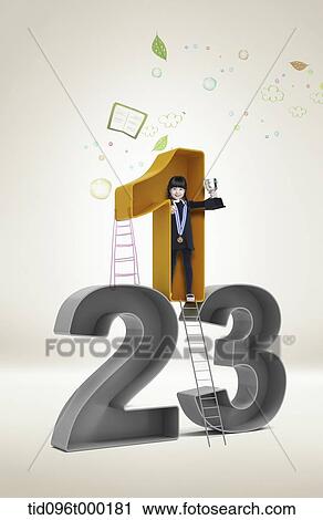 Stock Image - a girl standing inside number one . Fotosearch