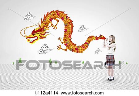 a girl standing next to a red dragon View Large Photo Image Picture - a girl standing next to a red dragon. Fotosearch