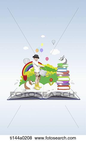 Stock Photo - a girl standing on an illustrated book. Fotosearch