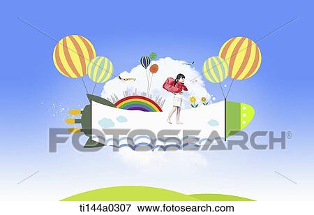 Stock Photo - a girl standing on an illustrated rocket. Fotosearch