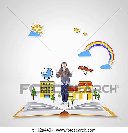 Stock Photo - a girl standing on open book. Fotosearch