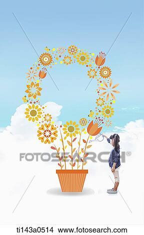 Picture - a girl watering an illustrated plant. Fotosearch