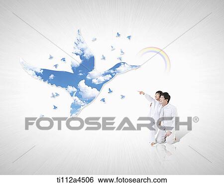 Stock Photograph - a kid and father with illustrated bird. Fotosearch