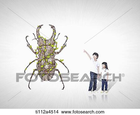 Picture - a kid and father with illustrated insect. Fotosearch